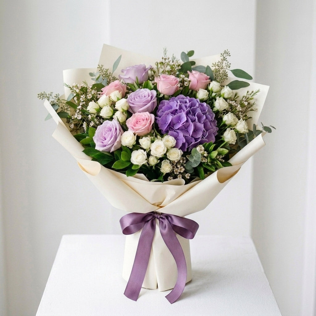 Women's Day Pink & Purple Roses with White Baby Roses Bouquet