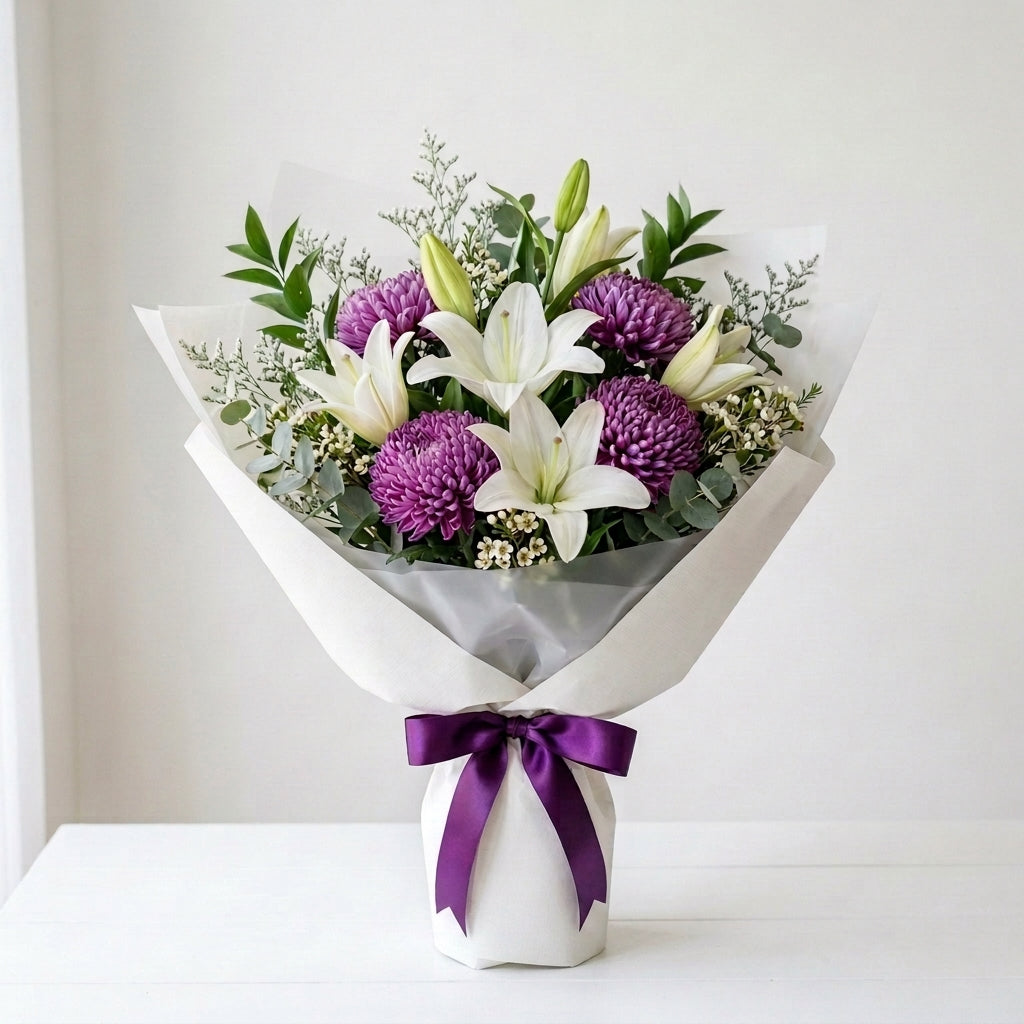 Eid Al Adha Purple Chrysanthemums & White Lilies Elegant Bouquet