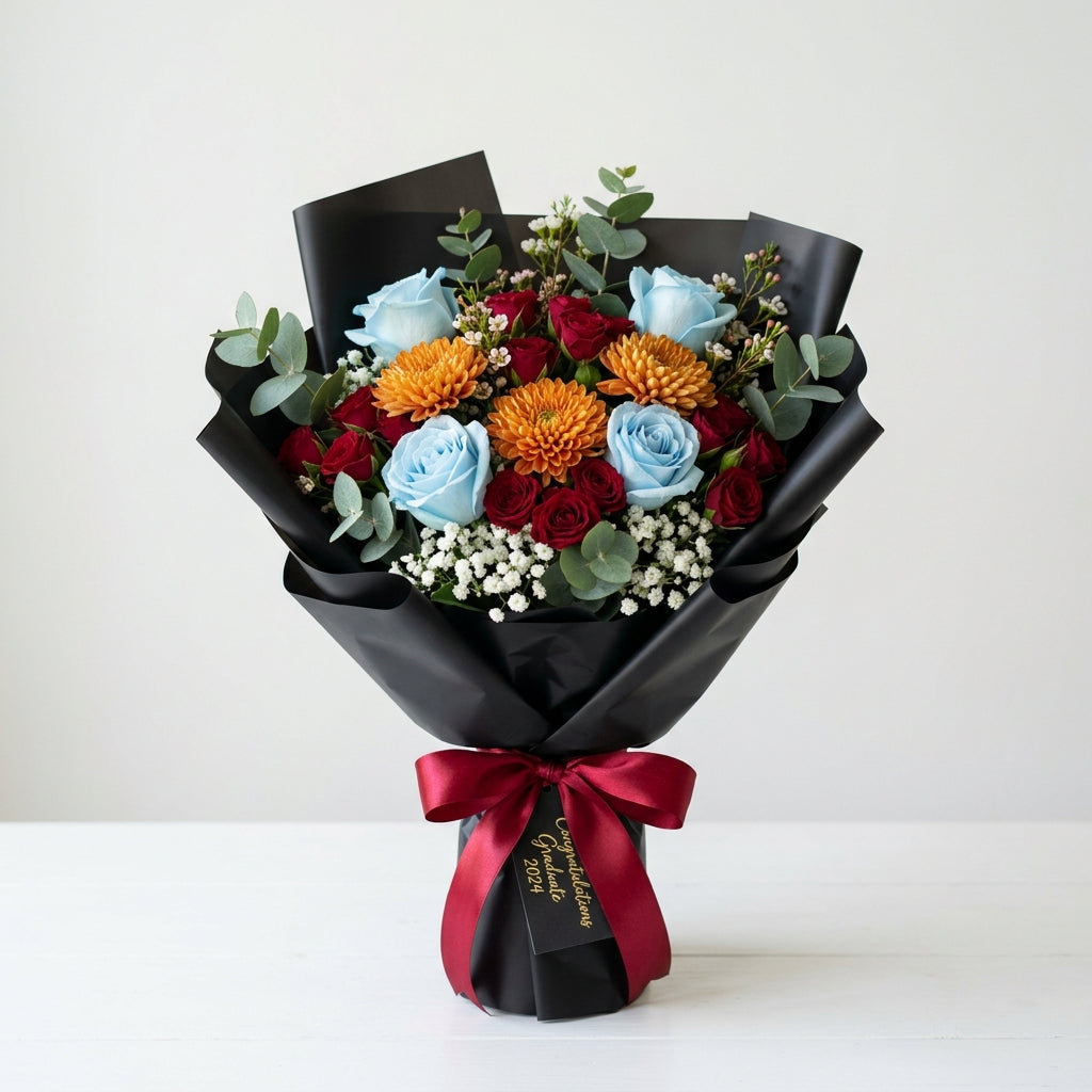Graduation Blue Roses & Red Baby Roses Achievement Bouquet