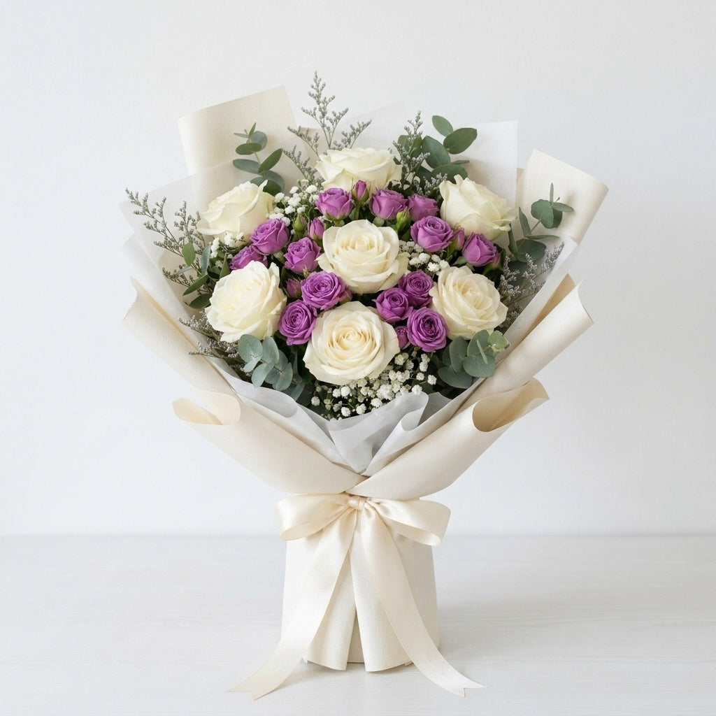 Elegant White Rose & Purple Baby Rose Miss You Bouque