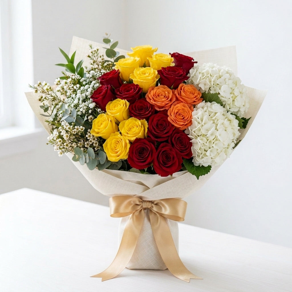 Grand Diwali Red, Yellow & Orange Roses with White Hydrangeas Bouquet