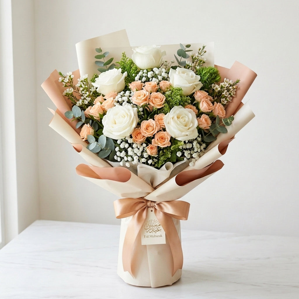 Eid Al Fitr White & Peach Roses Bouquet