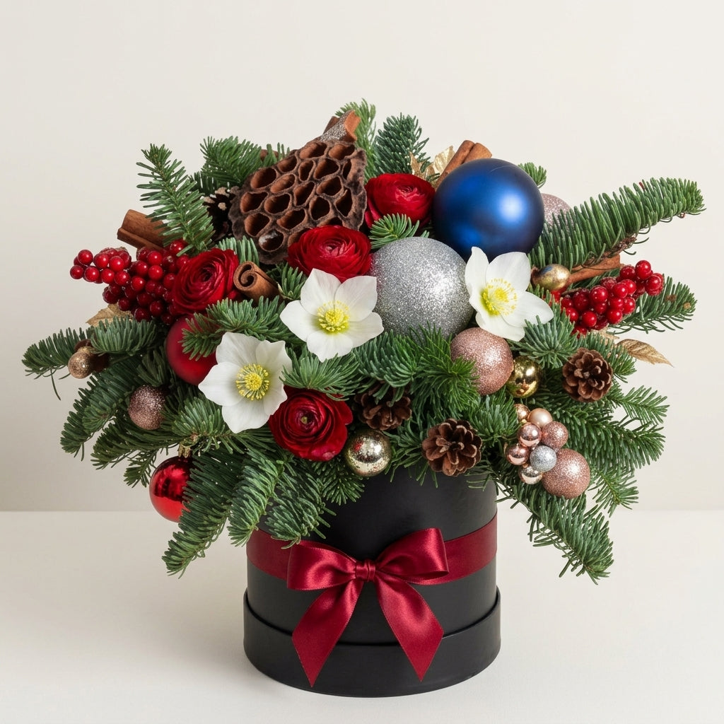 Timeless Christmas Rose Box with Festive Ornaments