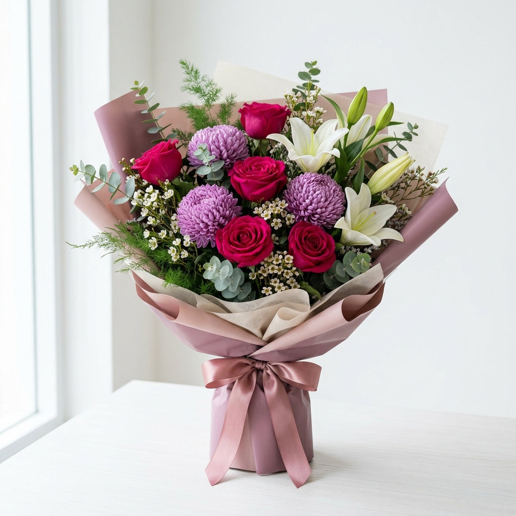 Pink Roses & White Lilies Bouquet for Everyday Moments