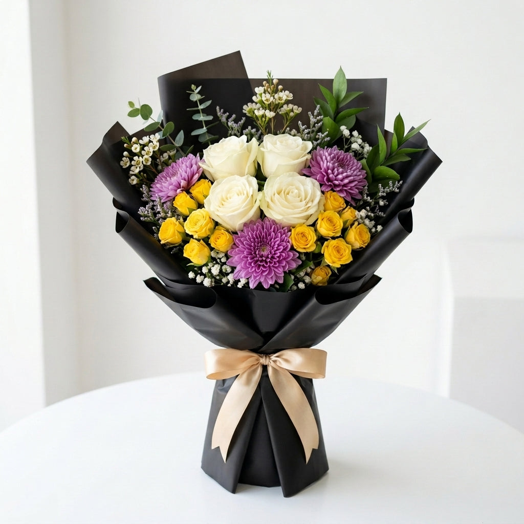 Graduation White Roses & Purple Chrysanthemum Success Bouquet