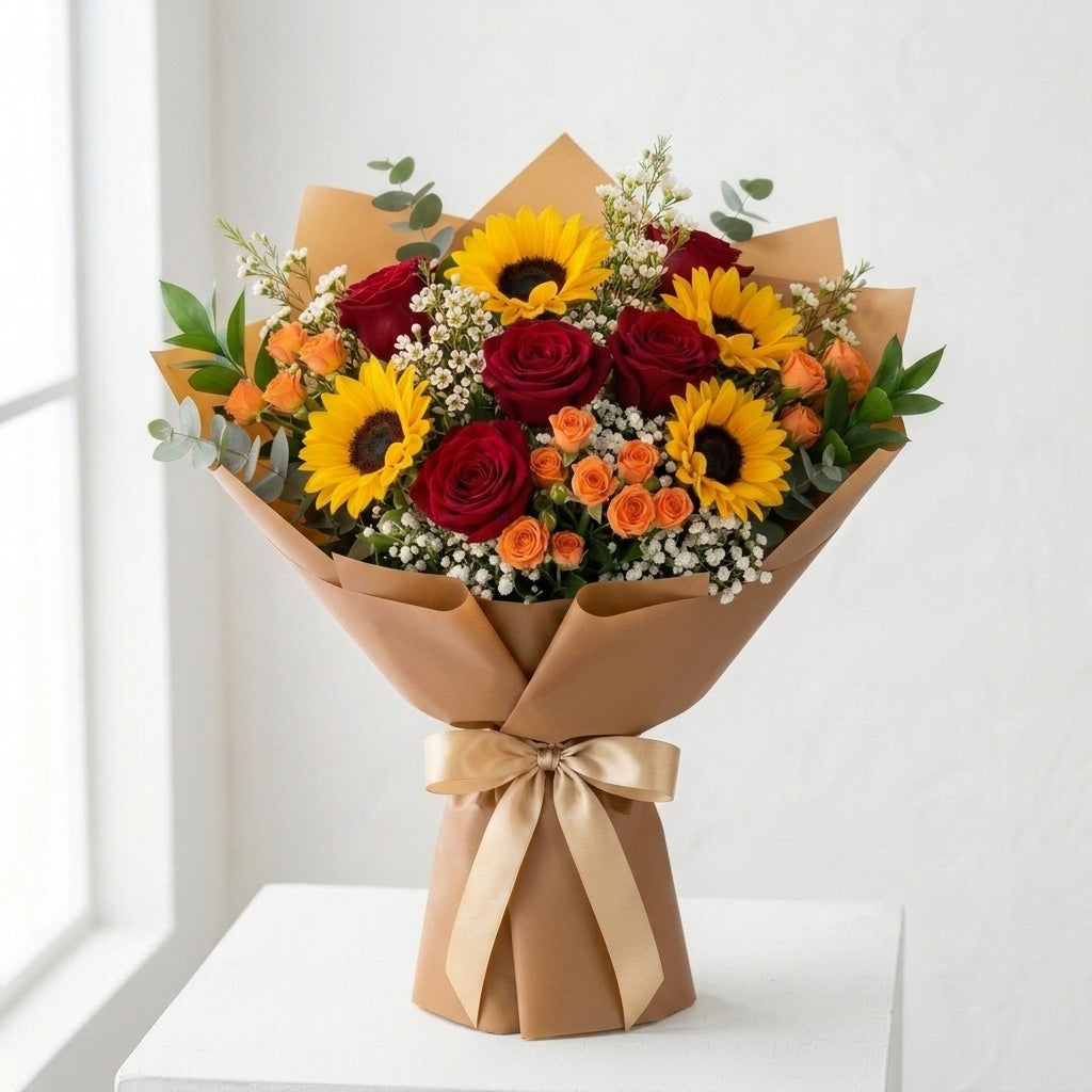 Warm Miss You Bouquet with Red Roses & Sunflowers