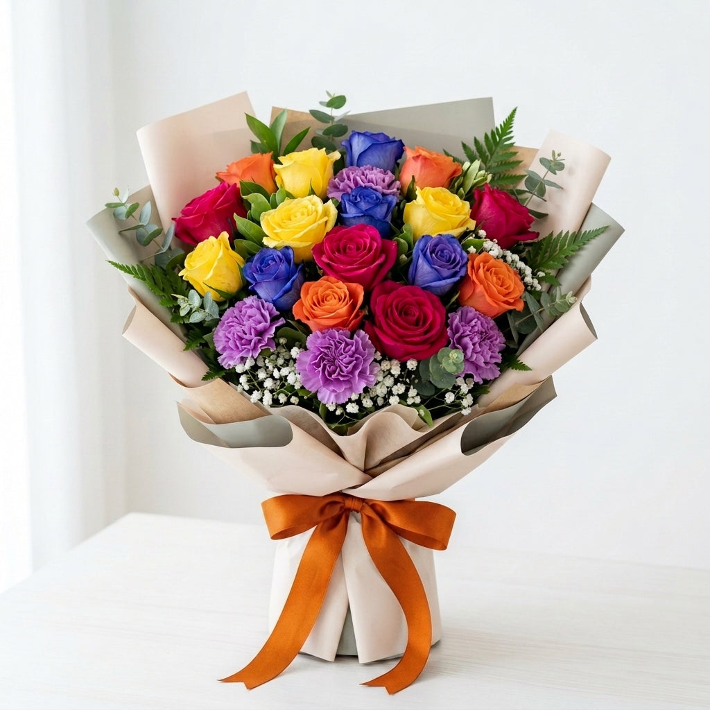 Mystical Halloween Blue, Orange & Yellow Roses with Purple Carnations Arrangement