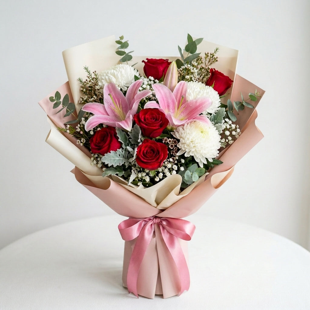 Corporate Red Roses, Pink Lilies & White Carnation Bouquet