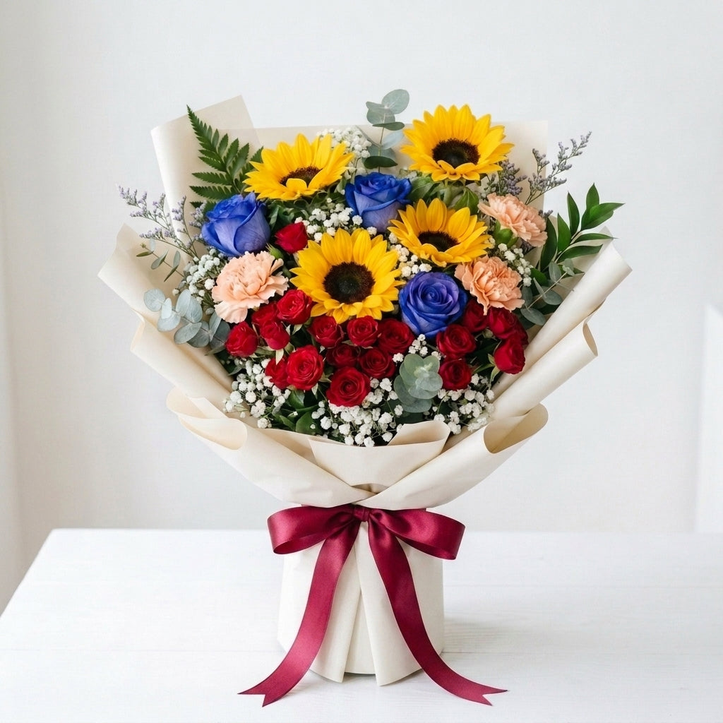 Eid Al Adha Sunflowers & Blue Roses Festive Celebration Bouquet