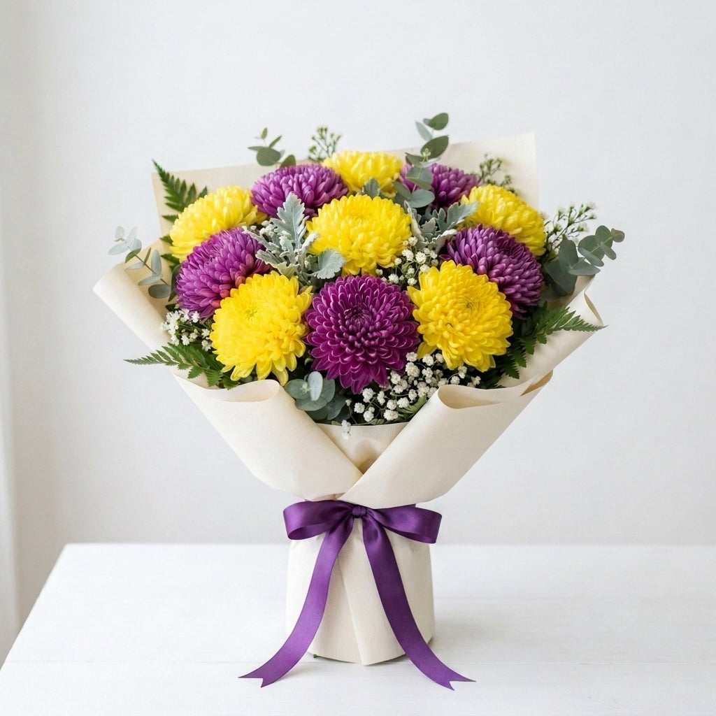 Radiant Diwali Yellow & Purple Chrysanthemums Bouquet