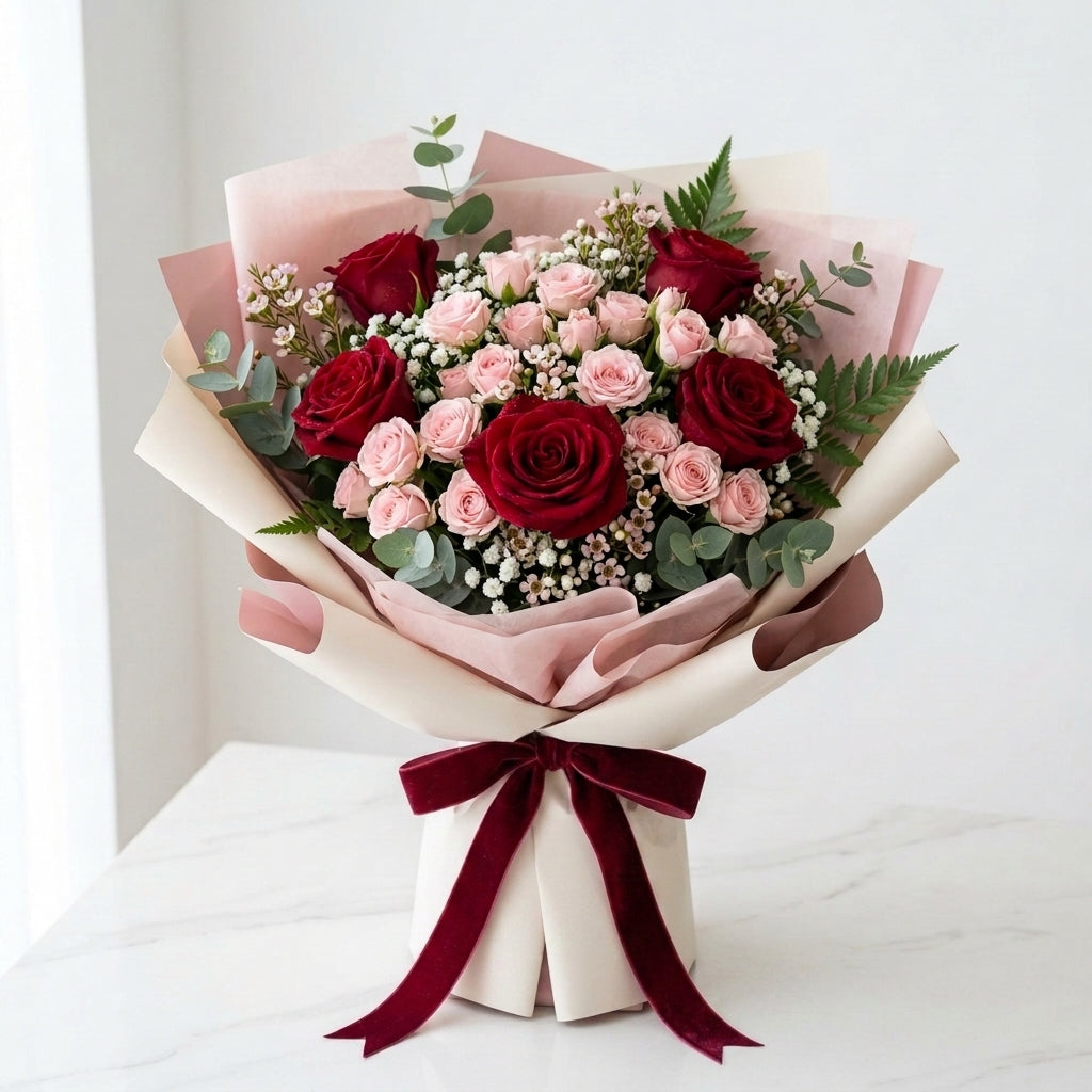 Women's Day Red Roses & Pink Baby Roses Elegant Bouquet