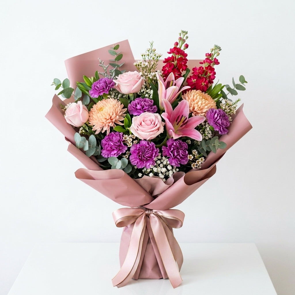 Housewarming Pink Roses & Purple Carnation Bouquet