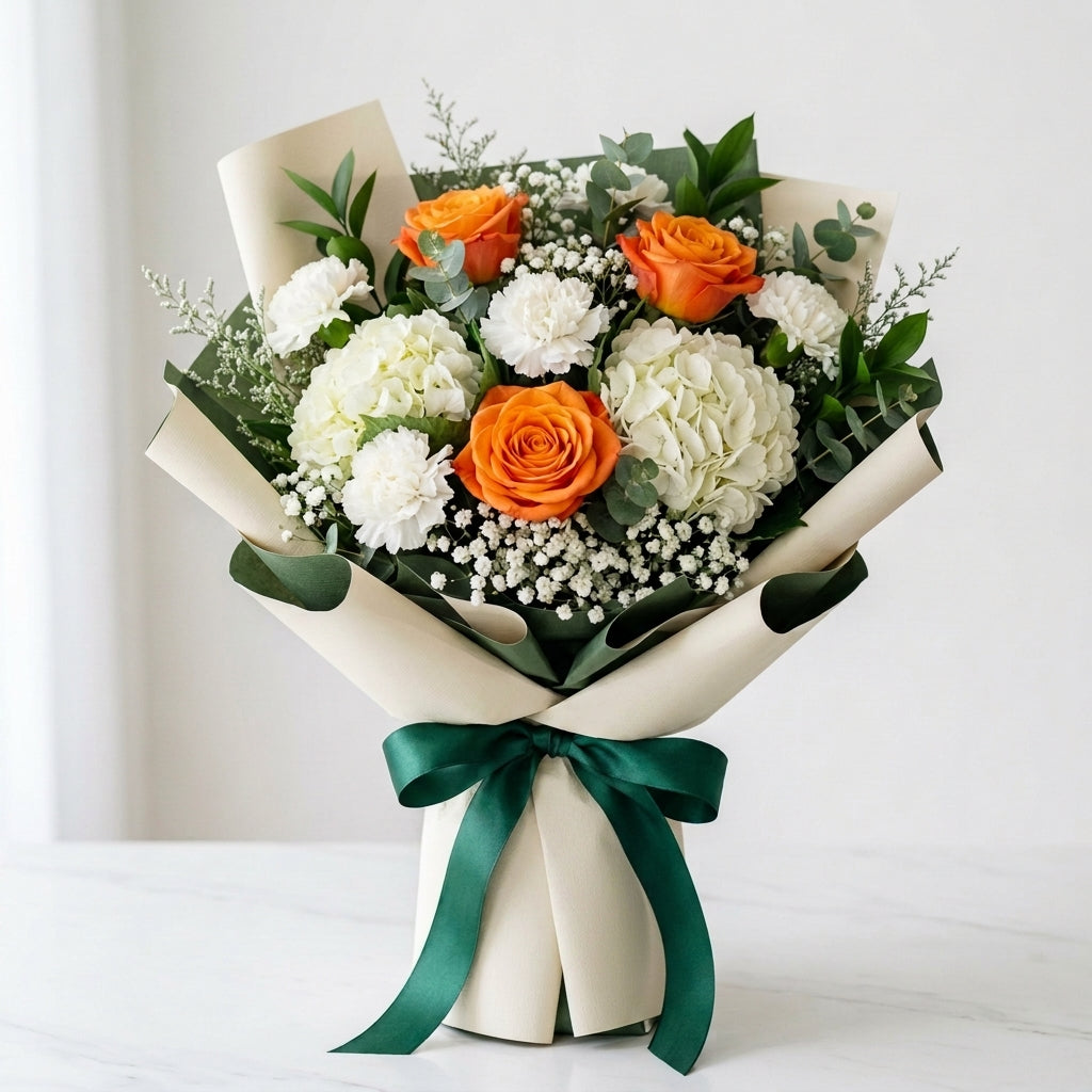 Hajj Mubarak Orange Roses & White Hydrangeas Bouquet