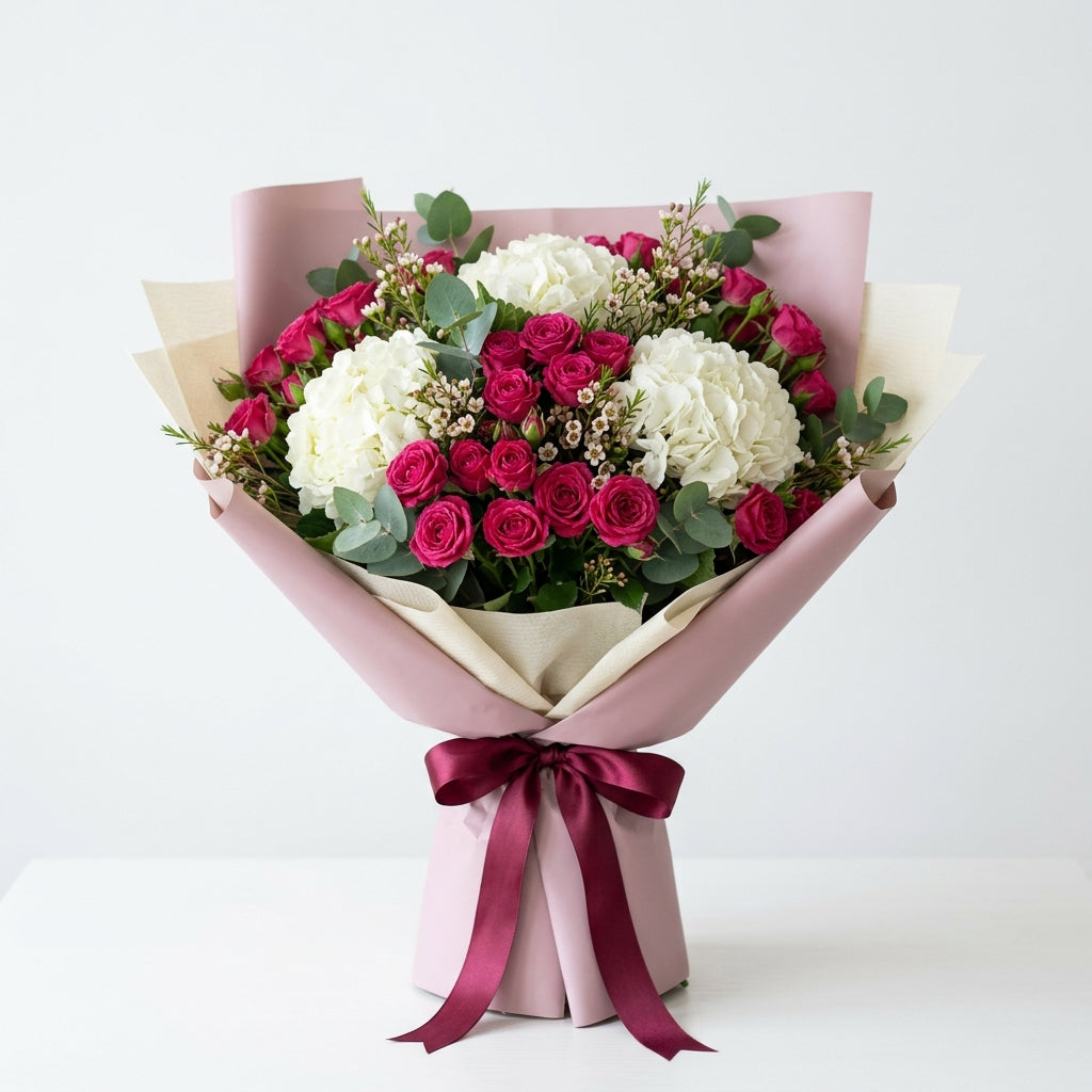 Teacher’s Day White Hydrangeas & Pink Baby Roses Gratitude Bouquet