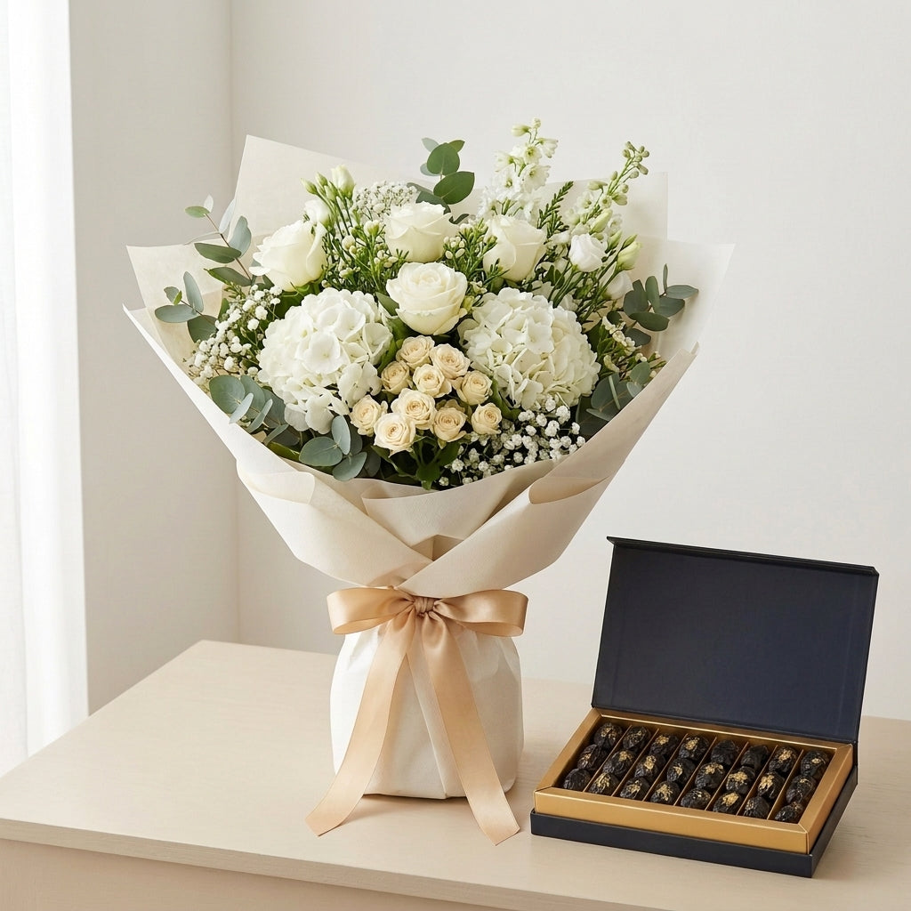 Hajj Mubarak White Roses & Hydrangea Gift Bouquet with Dates