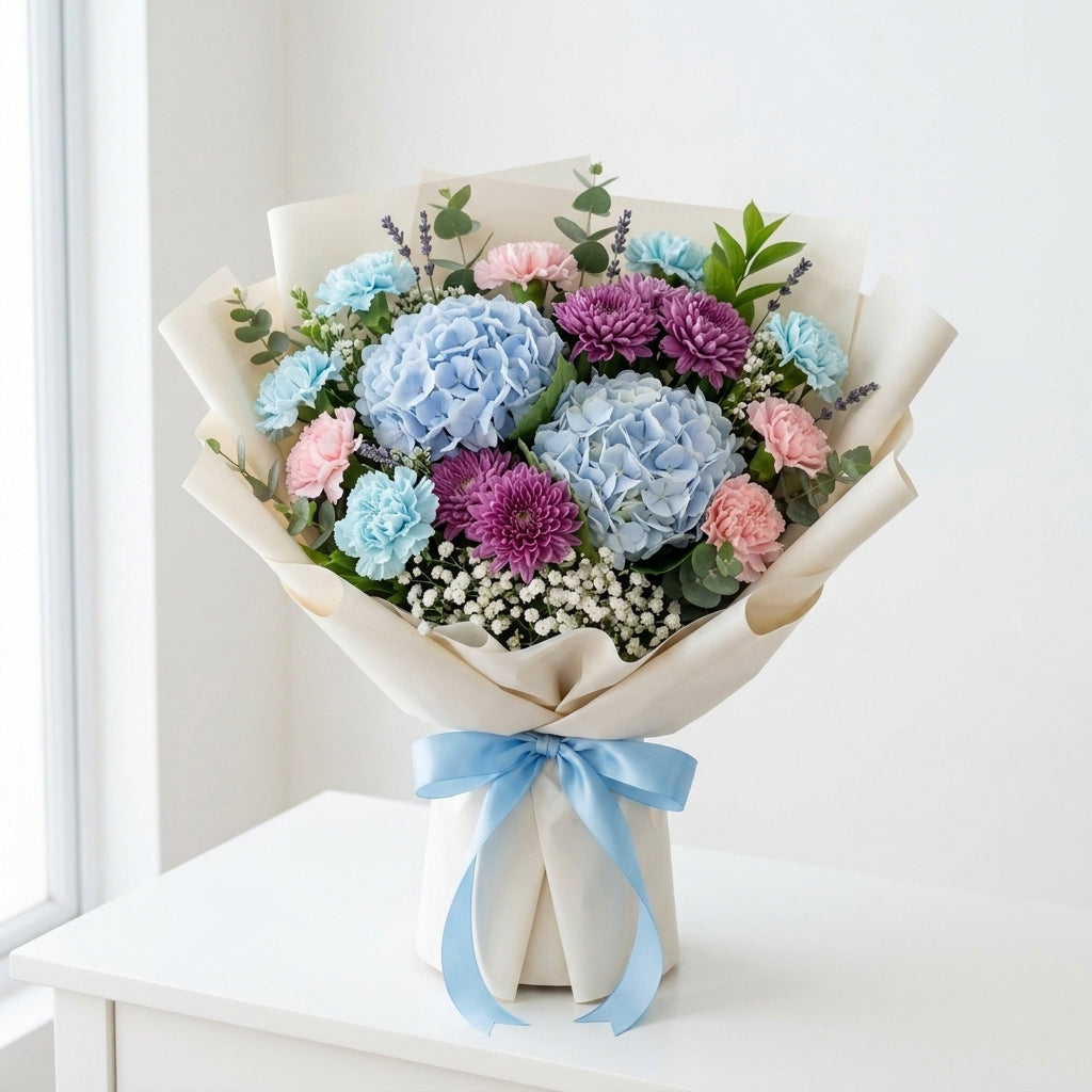 Vibrant Blue Hydrangeas & Carnations Eid Al Adha Bouquet