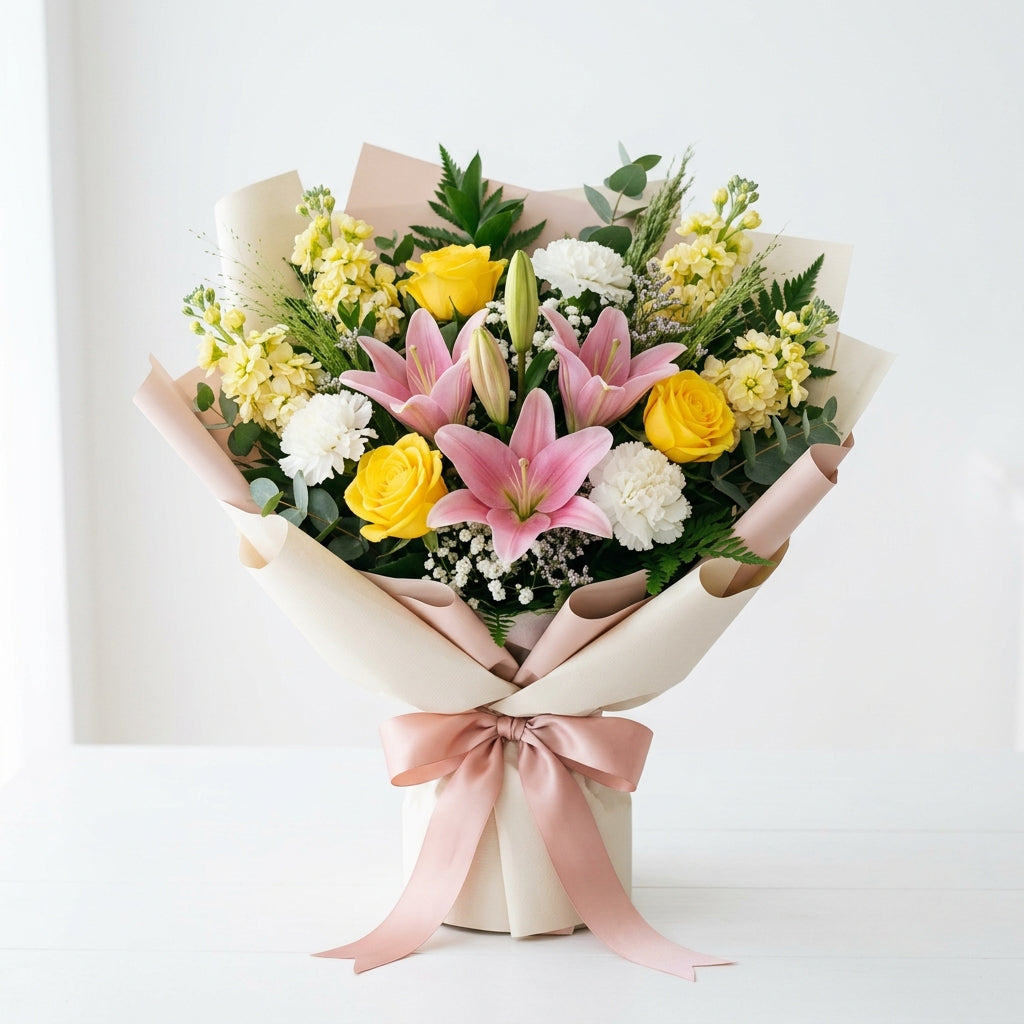Eid Al Adha Yellow Roses & Pink Lilies Graceful Bouquet