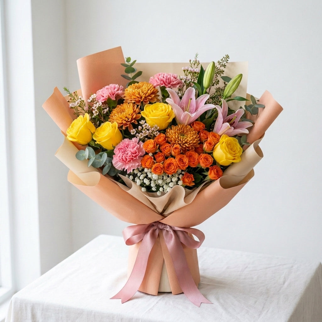 Autumnal Halloween Yellow Roses, Orange Chrysanthemums & Pink Lilies Bouquet
