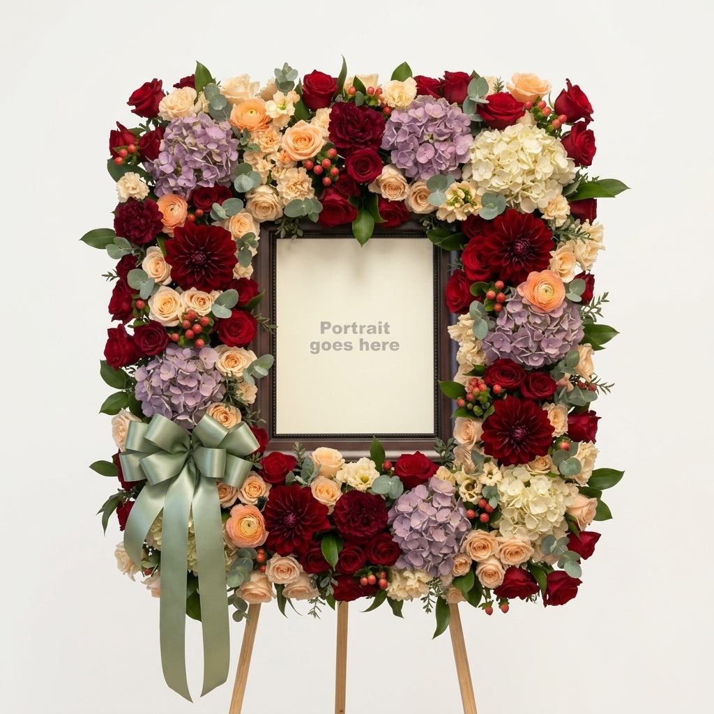 Standing Sympathy Portrait Wreath with Roses & Hydrangeas