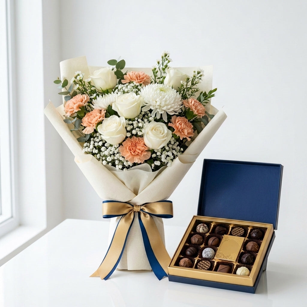 Hajj Mubarak White Roses & Peach Carnations Gift Bouquet with Chocolates