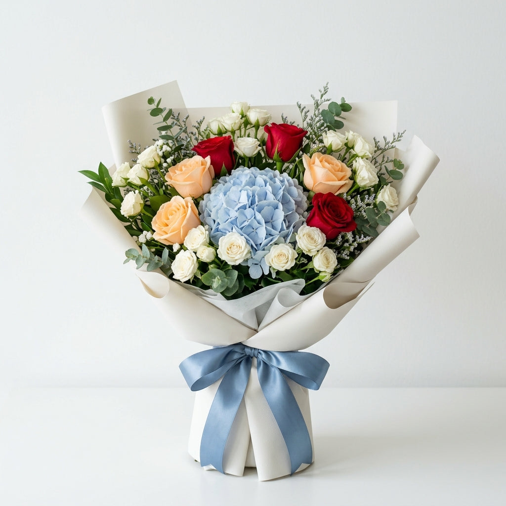 Housewarming Pink & Peach Roses with Blue Hydrangea Bouquet