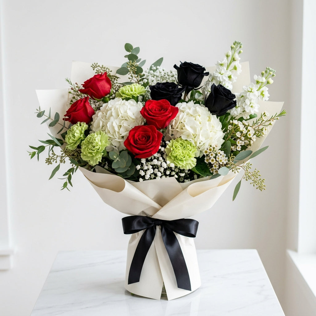Prestigious UAE National Day Red & Black Roses with White Hydrangeas Bouquet