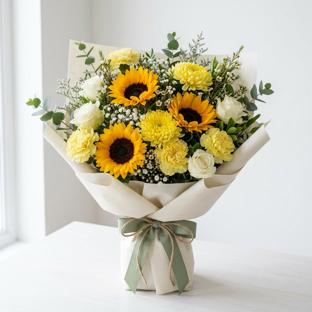 Bright Diwali White Roses, Sunflowers & Yellow Carnations Bouquet