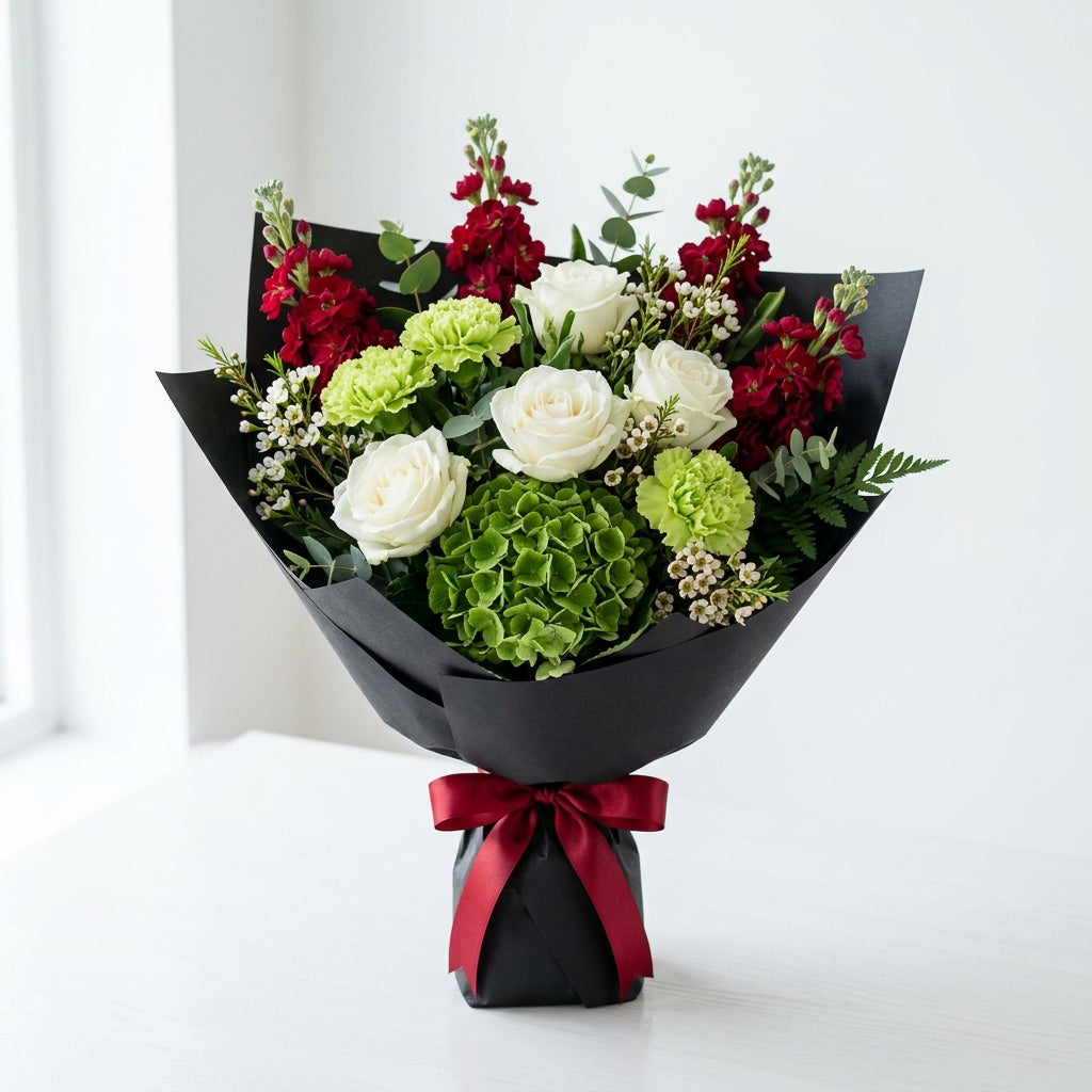 Elegant UAE National Day White Roses, Green Carnations & Red Matthiola Bouquet