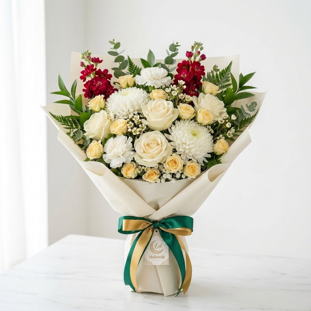 Elegant Eid Al Fitr White Roses & Mixed Flowers Bouquet