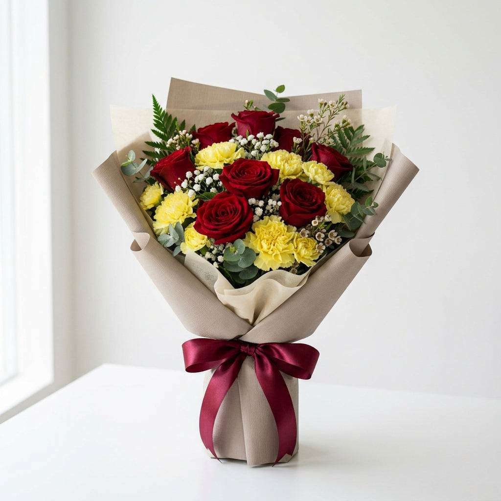 Vibrant Diwali Red Roses & Yellow Carnations Bouquet