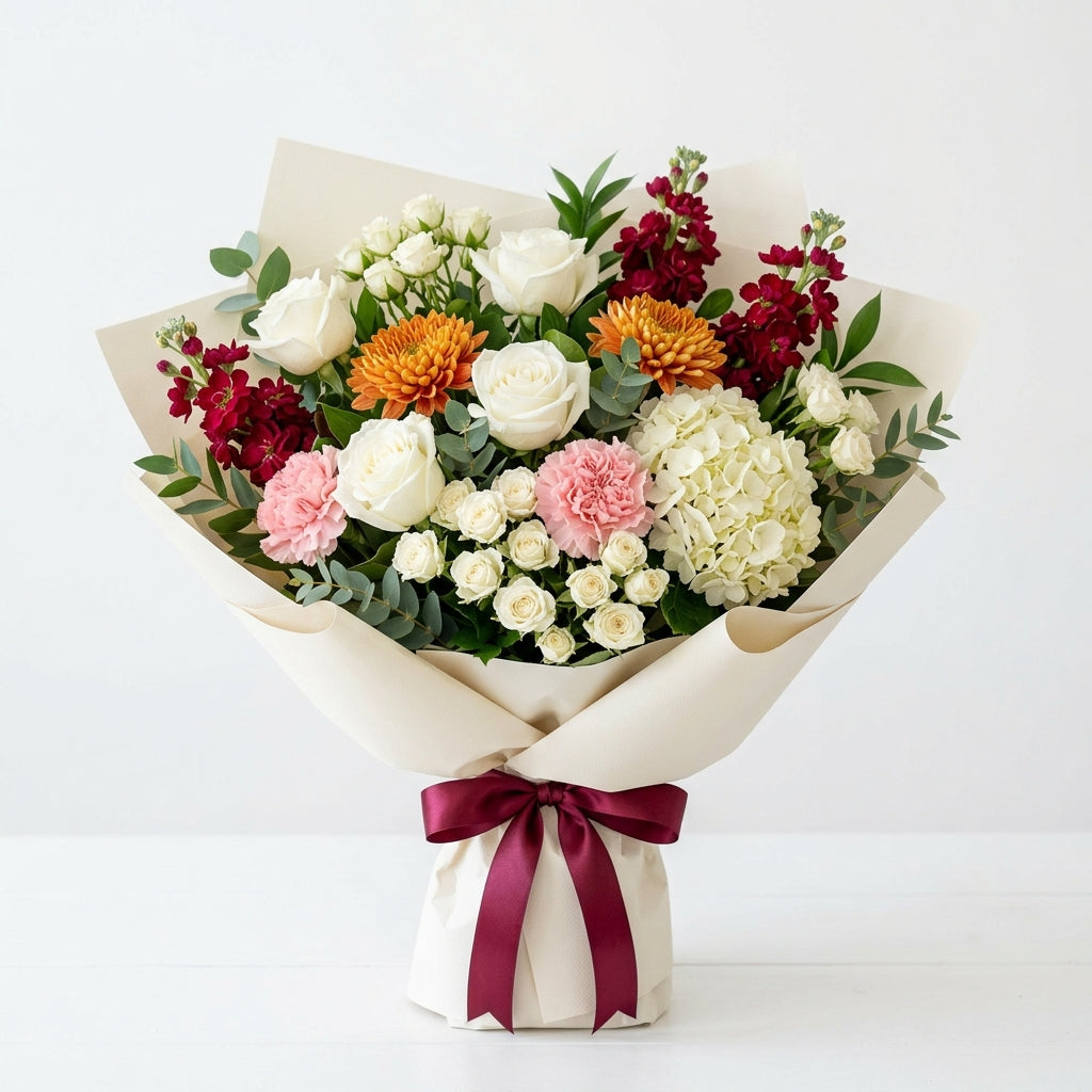 Exquisite Islamic New Year Red Matthiola, White Roses & Baby Roses Bouquet