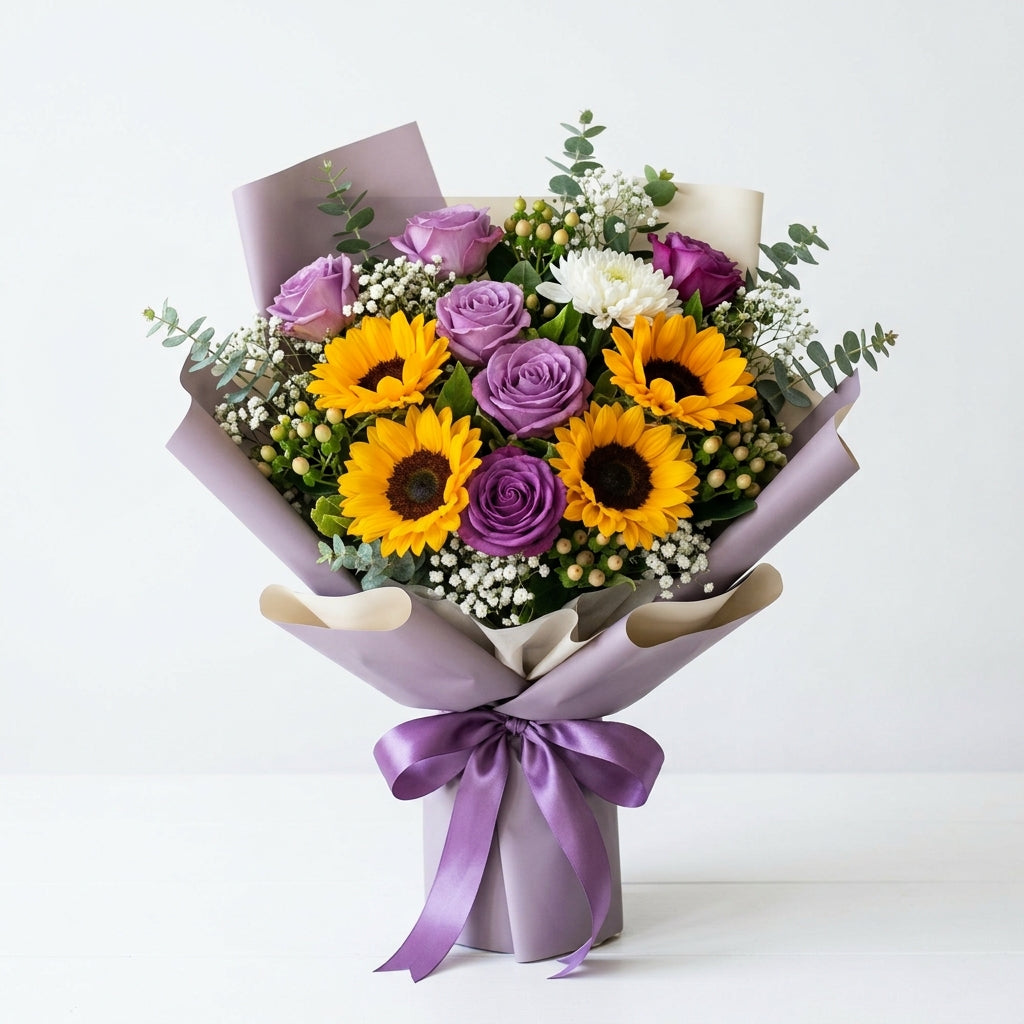 Housewarming Purple Roses & Sunflower Bouquet
