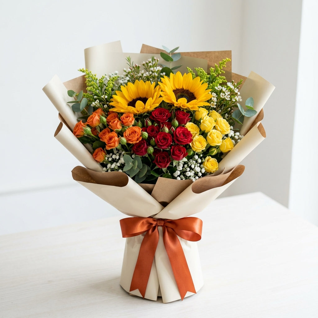 Radiant Halloween Sunflowers with Red, Orange & Yellow Baby Roses Bouquet