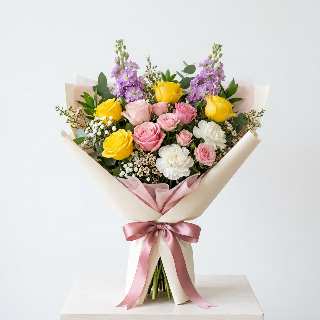 Corporate Pink & Yellow Roses with Matthiola Bouquet