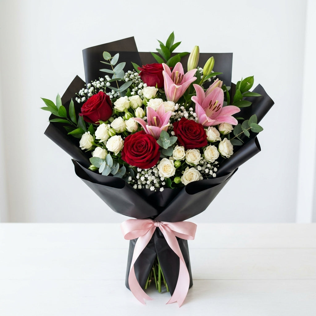 Graduation Red Roses & Pink Lilies Congratulations Bouquet