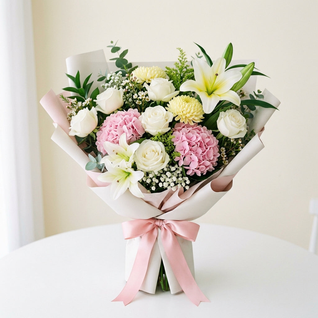 Women's Day White Roses & Pink Hydrangea Luxury Flower Bouquet