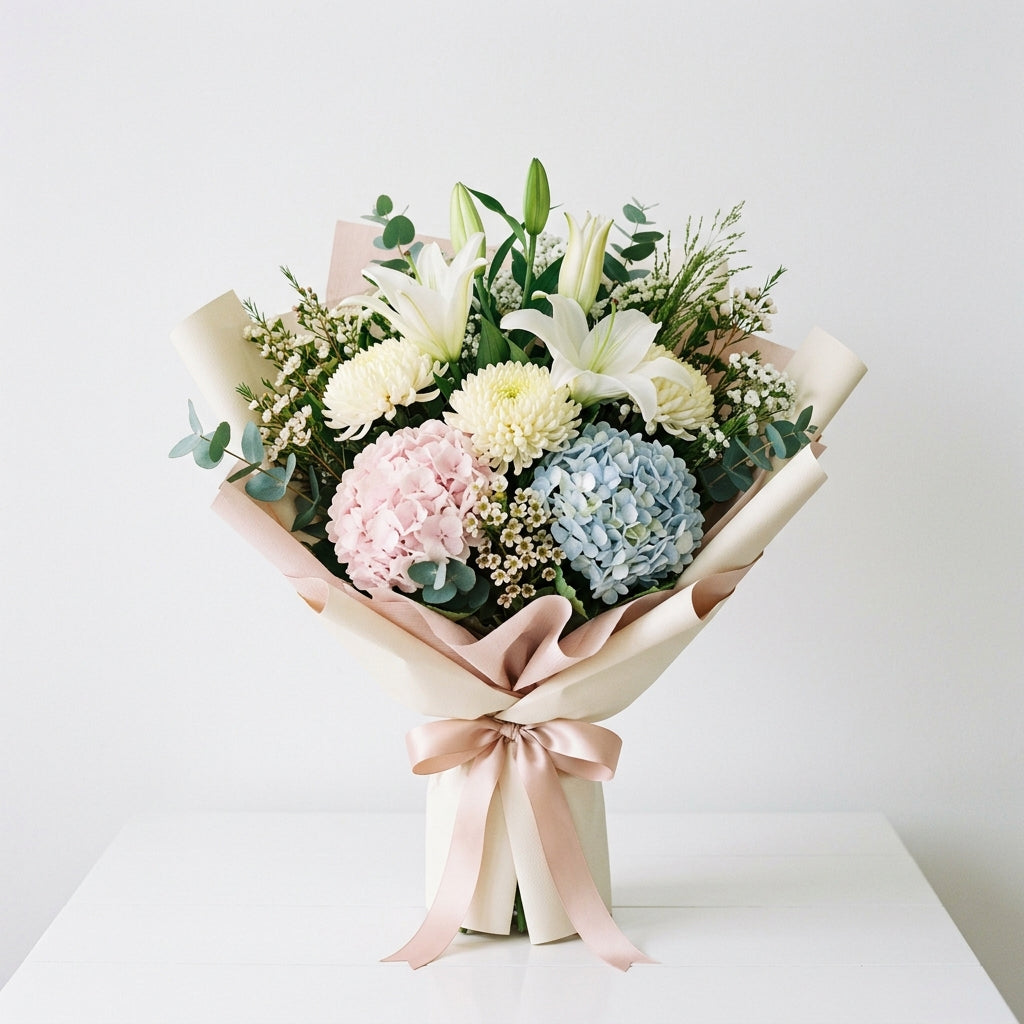 Hijri New Year White Lilies, Chrysanthemums & Hydrangea Bouquet