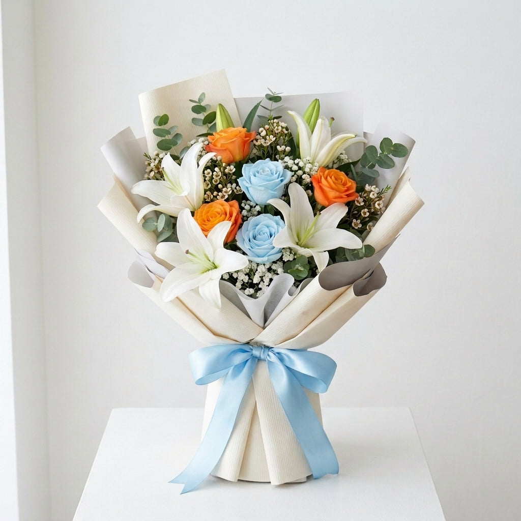 Islamic New Year Floral Bouquet with Blue & Orange Roses and White Lilies