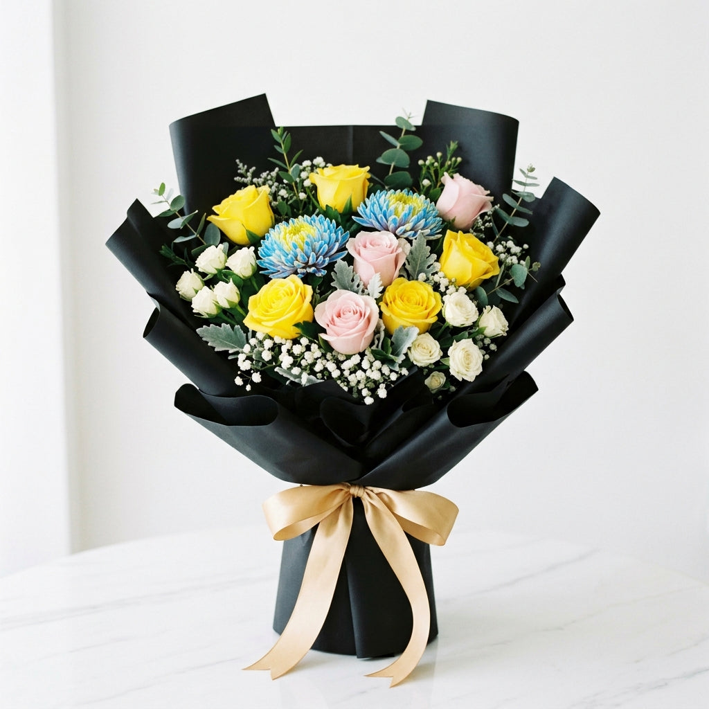 Graduation Pink & Yellow Roses with Blue Chrysanthemum Bouquet