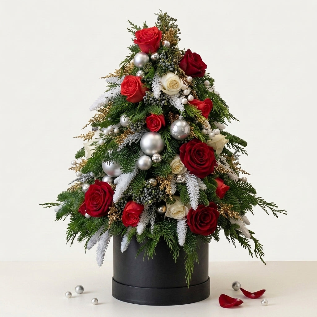 Luxurious Christmas Floral Tree with Evergreens & Silver Decorations