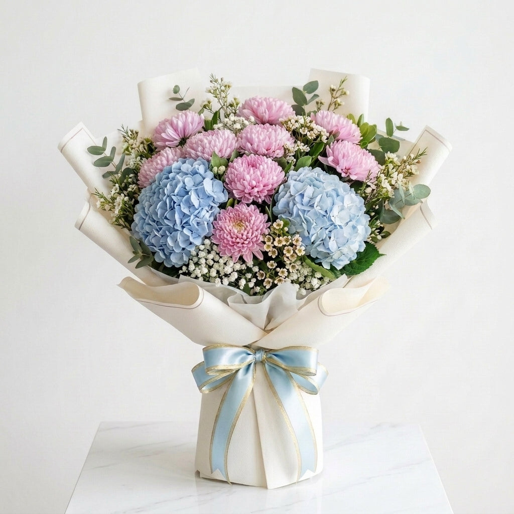 Eid Al Fitr Pink Chrysanthemums & Blue Hydrangeas Bouquet
