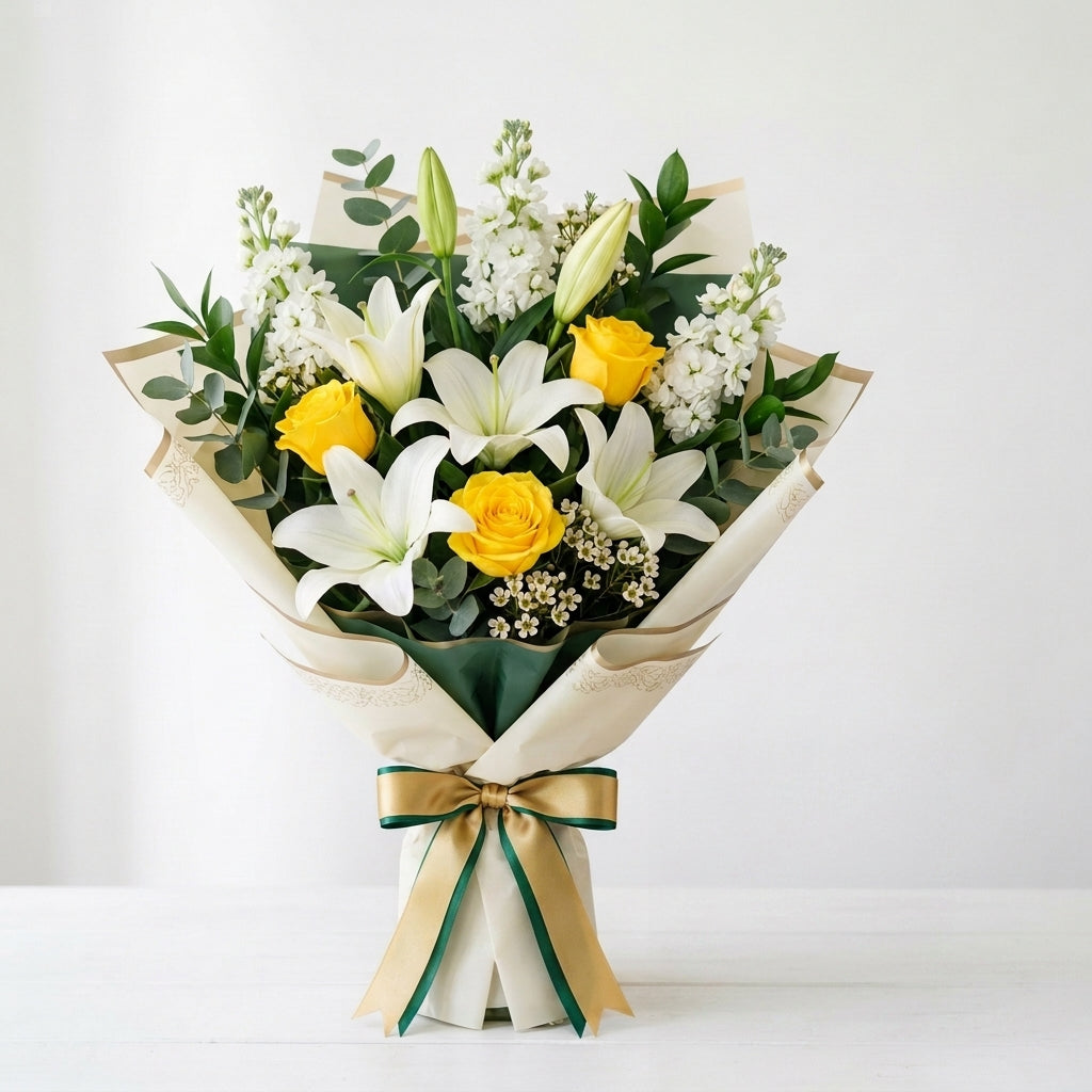 Hajj Mubarak Yellow Roses & White Lilies Bouquet