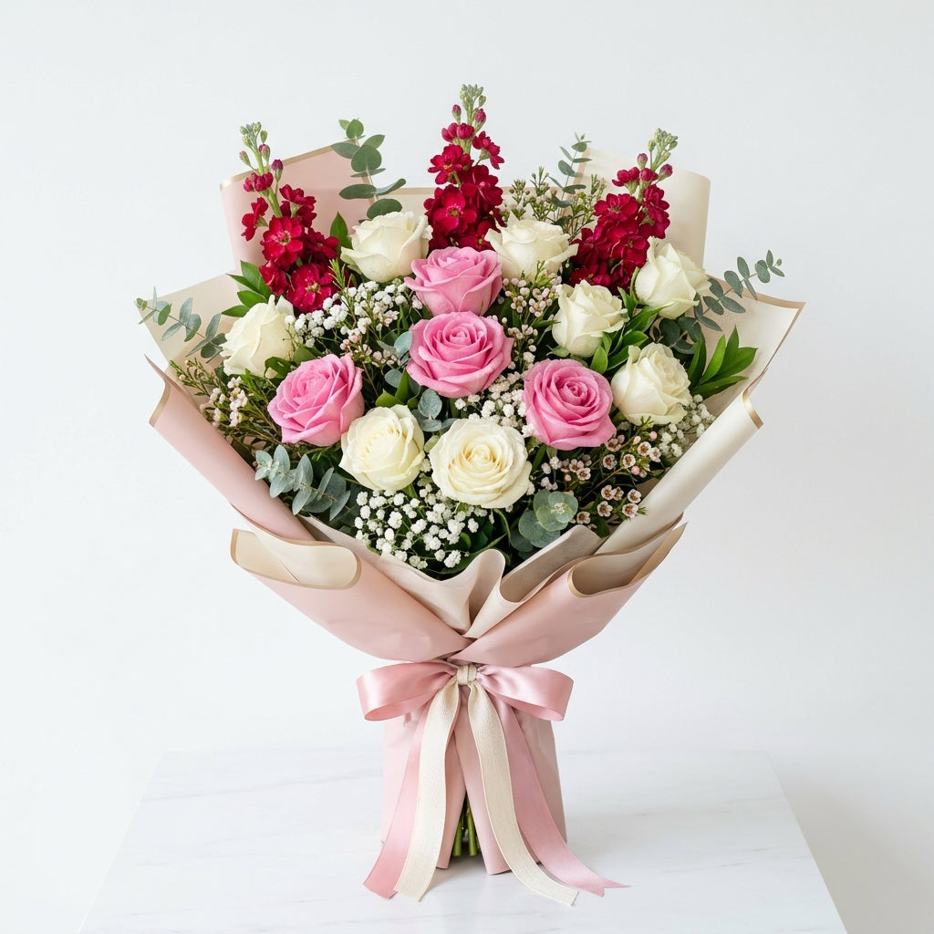 Heartfelt Pink & White Rose Miss You Bouquet with Matthiola