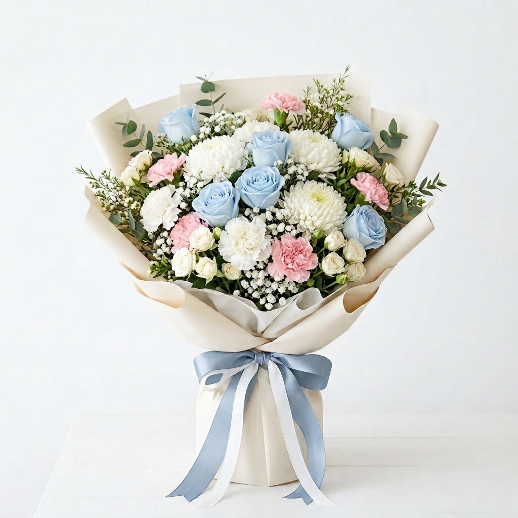Eid Al Adha Blue Roses & White Baby Roses Festive Bouquet