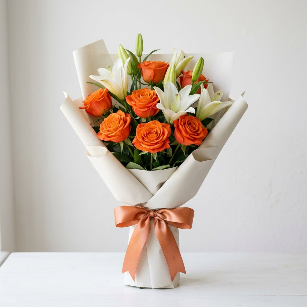 Elegant Halloween Orange Rose & White Lily Bouquet for Seasonal Celebrations