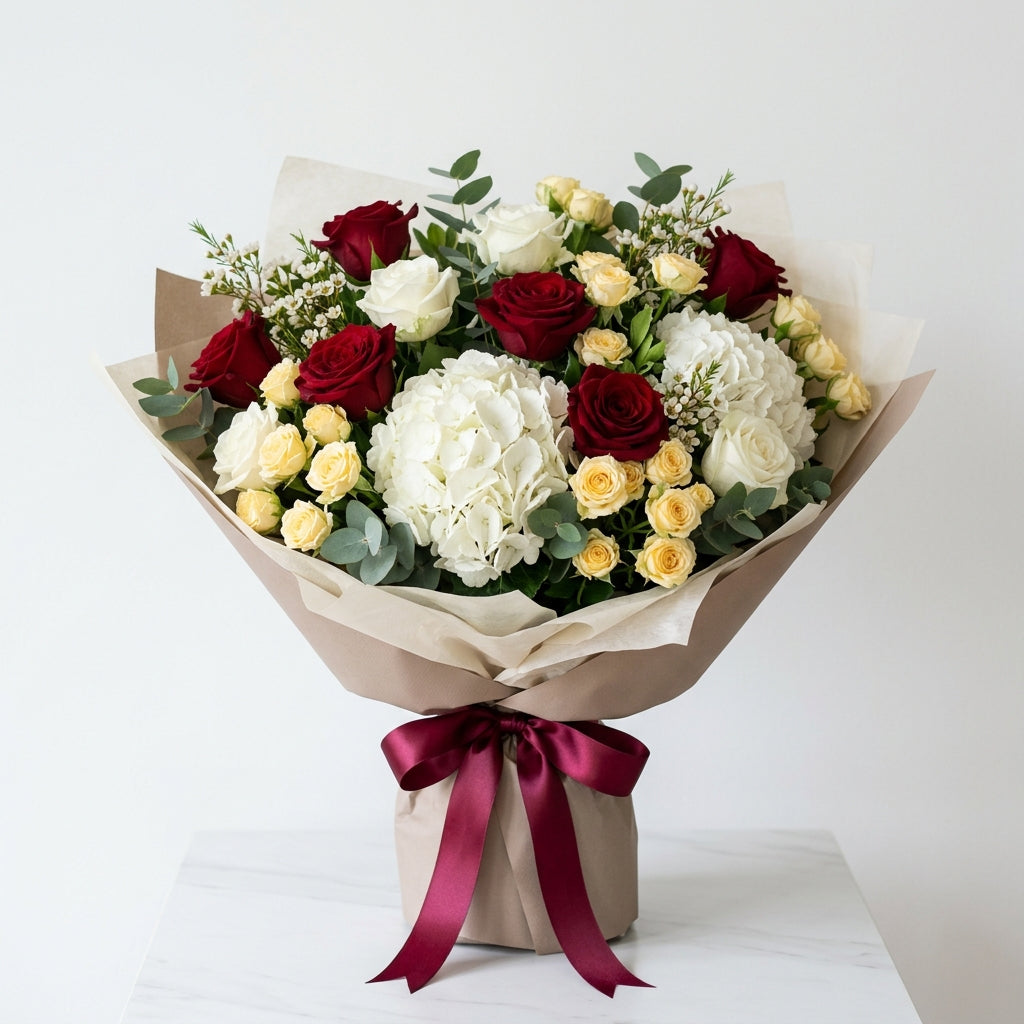 Eid Al Adha Red & White Roses with Hydrangea Luxury Bouquet