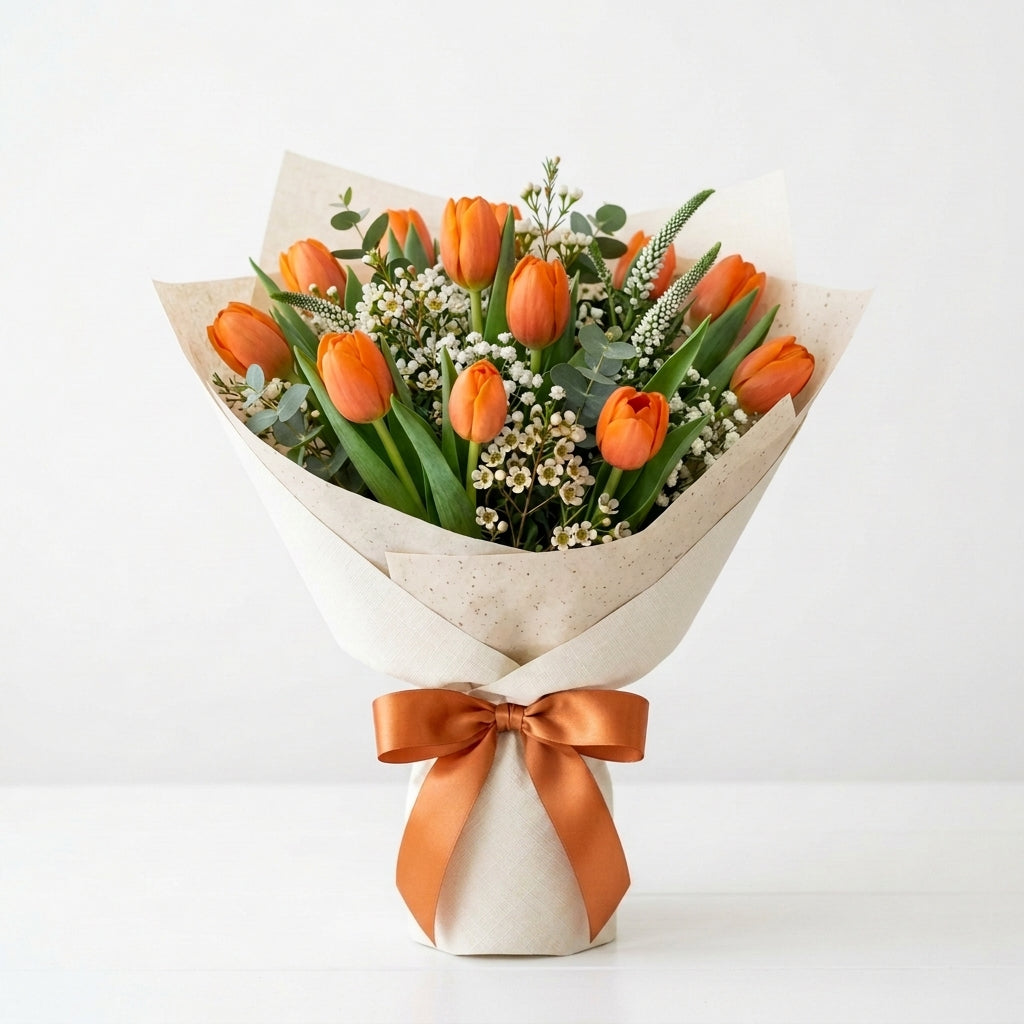 Vibrant Halloween Orange Tulip Flower Bouquet with Orange Ribbon