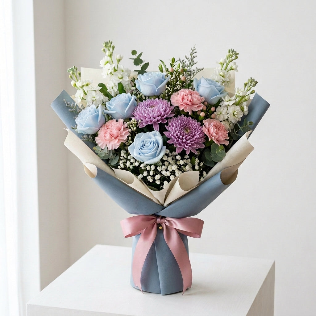 Father’s Day Blue Roses & White Matthiola Tribute Bouquet