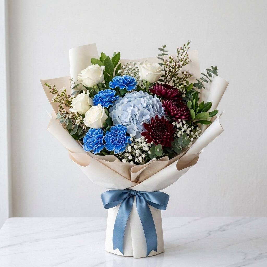 Father’s Day White Roses & Blue Hydrangea Tribute Bouquet