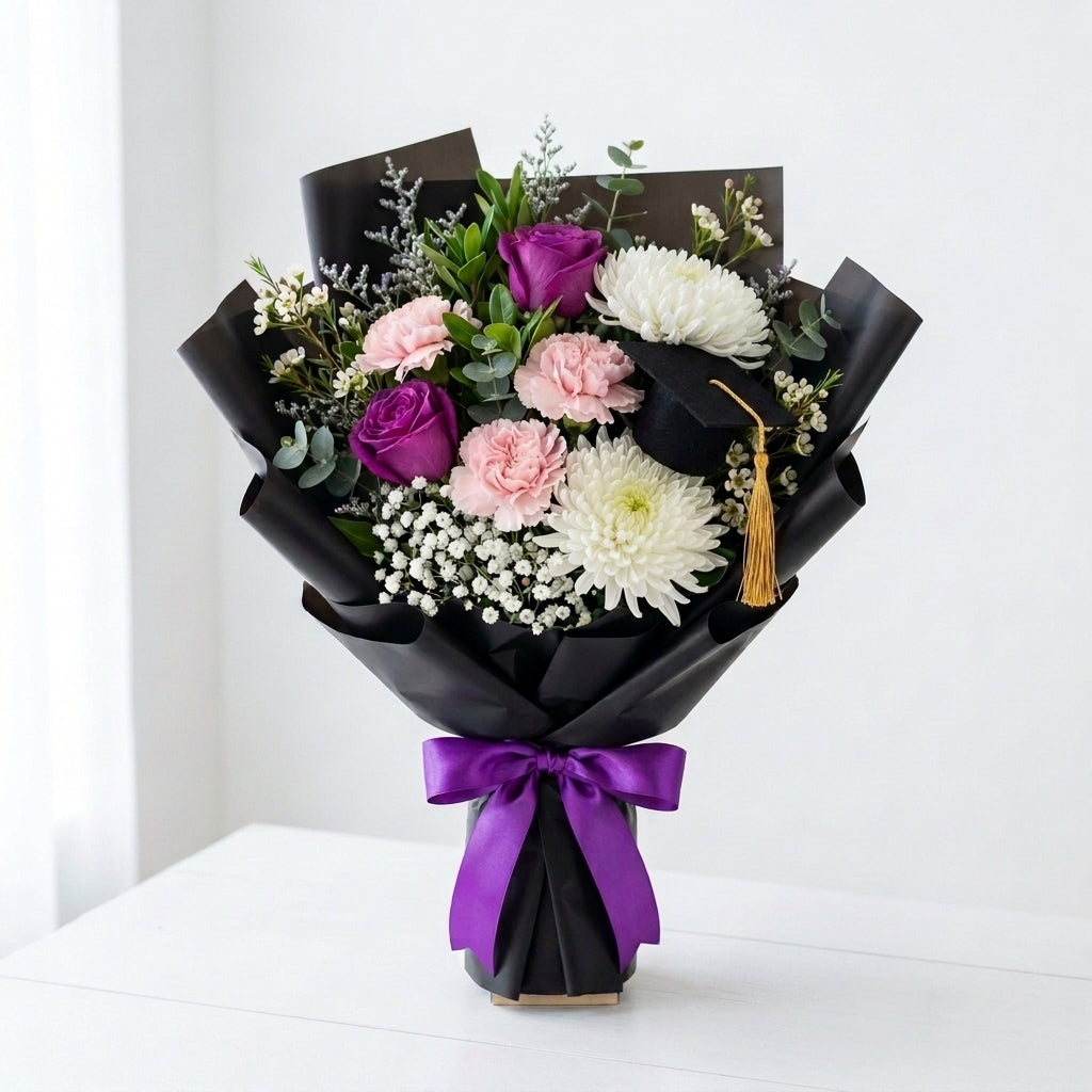Graduation Purple Roses & Pink Carnations Celebration Bouquet
